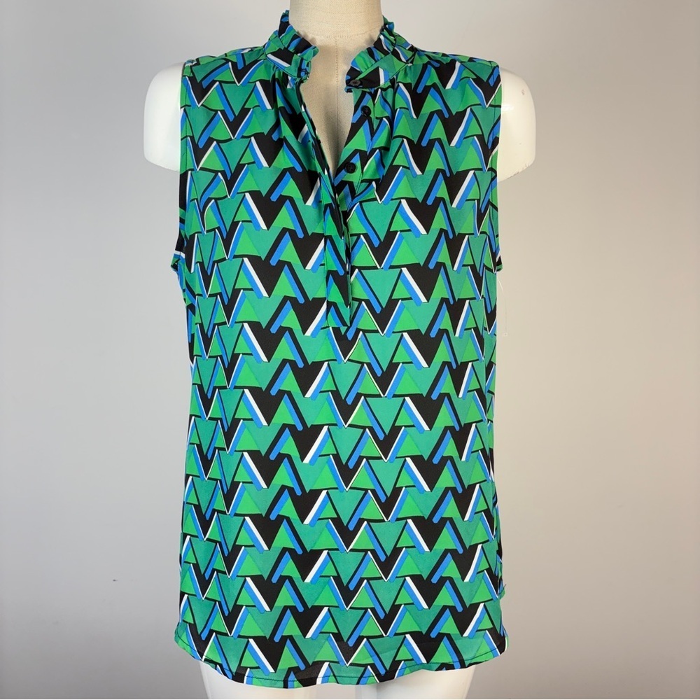 Carolina Belle Geometric Ruffle Neck Sleeveless Blouse Green Blue M